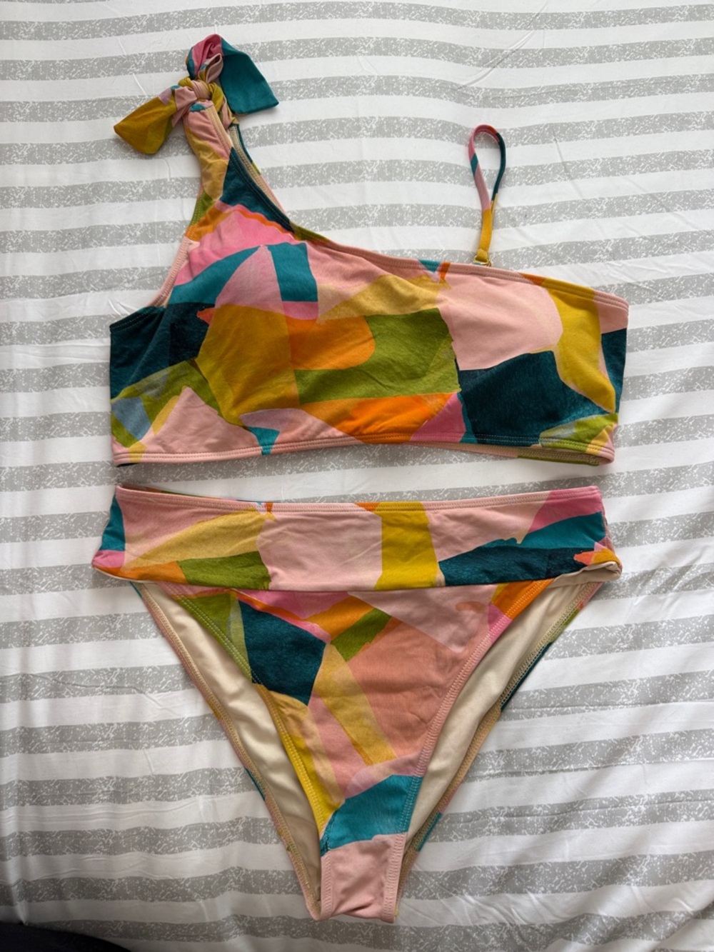 Multicolor Abstract One-Shoulder Bikini Set - Pink, Teal & Mustard